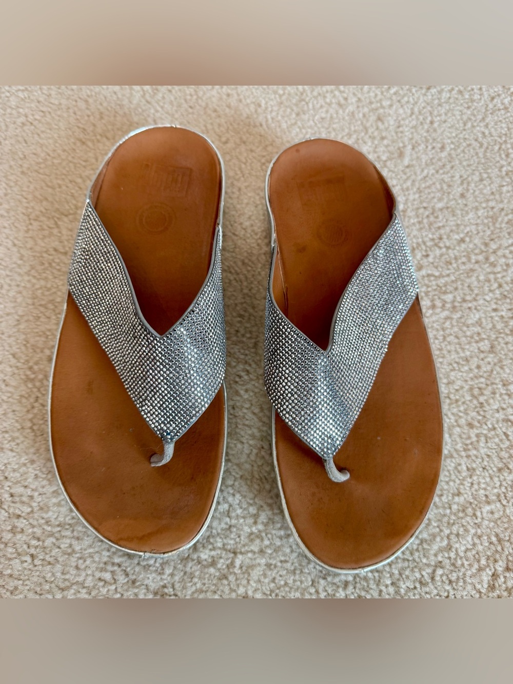 Silver Crystal Rhinestone Metallic FitFlop Platform Sandals Flip Flops Comfy 9 - Picture 2 of 8